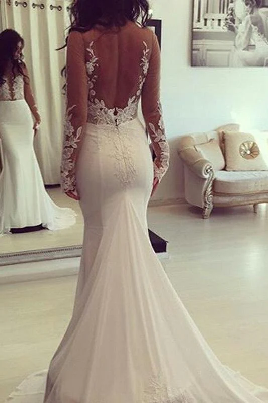 Classic Mermaid Sheer Long Sleeves Appliques Wedding Dresses - Image 2