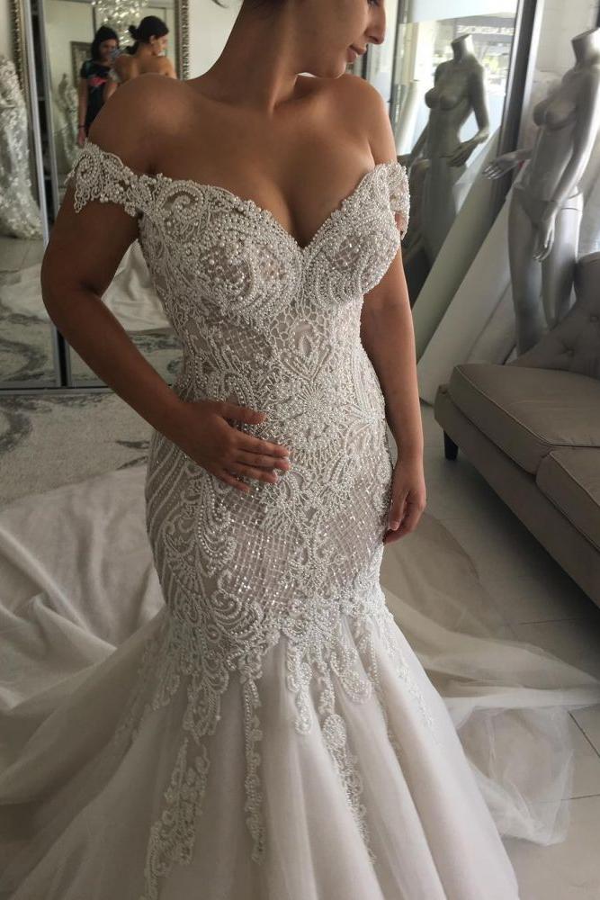 Classic Off the shoulder Sweetheart Pearl Mermaid Chapel Train Wedding Dress - Image 4