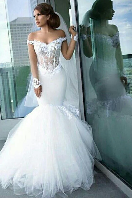 Classic Off the Shoulder Tulle Mermaid Appliques Long Sleeves Wedding Dress - Image 2