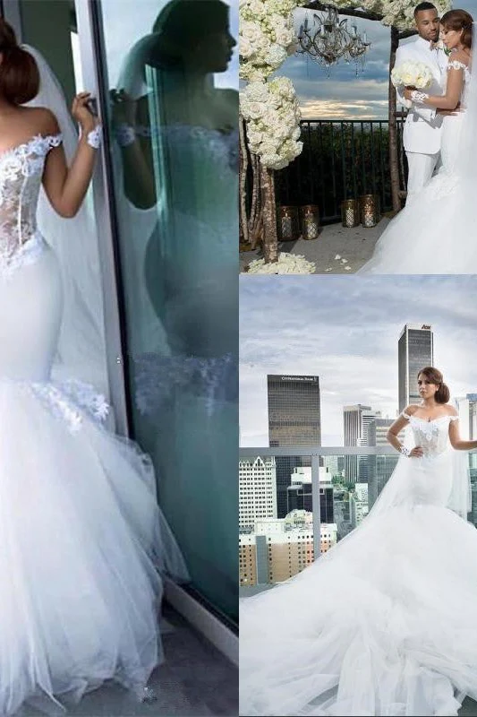 Classic Off the Shoulder Tulle Mermaid Appliques Long Sleeves Wedding Dress - Image 4
