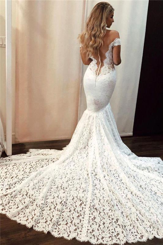 Classic Off the shoulder White Mermaid Wedding Dress - Image 2
