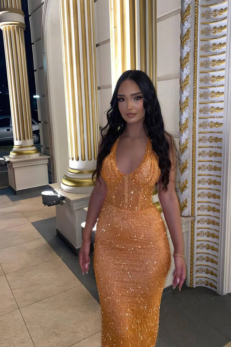 Classic Orange Halter V-Neck Sleeveless Sequins Prom Dresses Mermaid Column On Sale - Image 2
