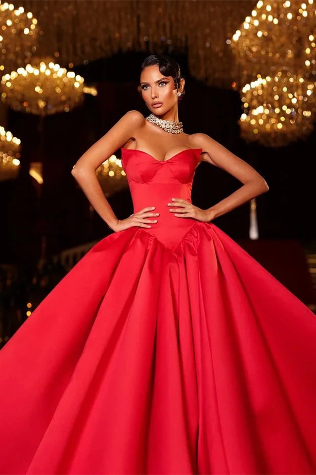 Classic Red Sweetheart Strapless Sleeveless Satin Prom Dresses A-Line Ball Gown With Pleats - Image 2