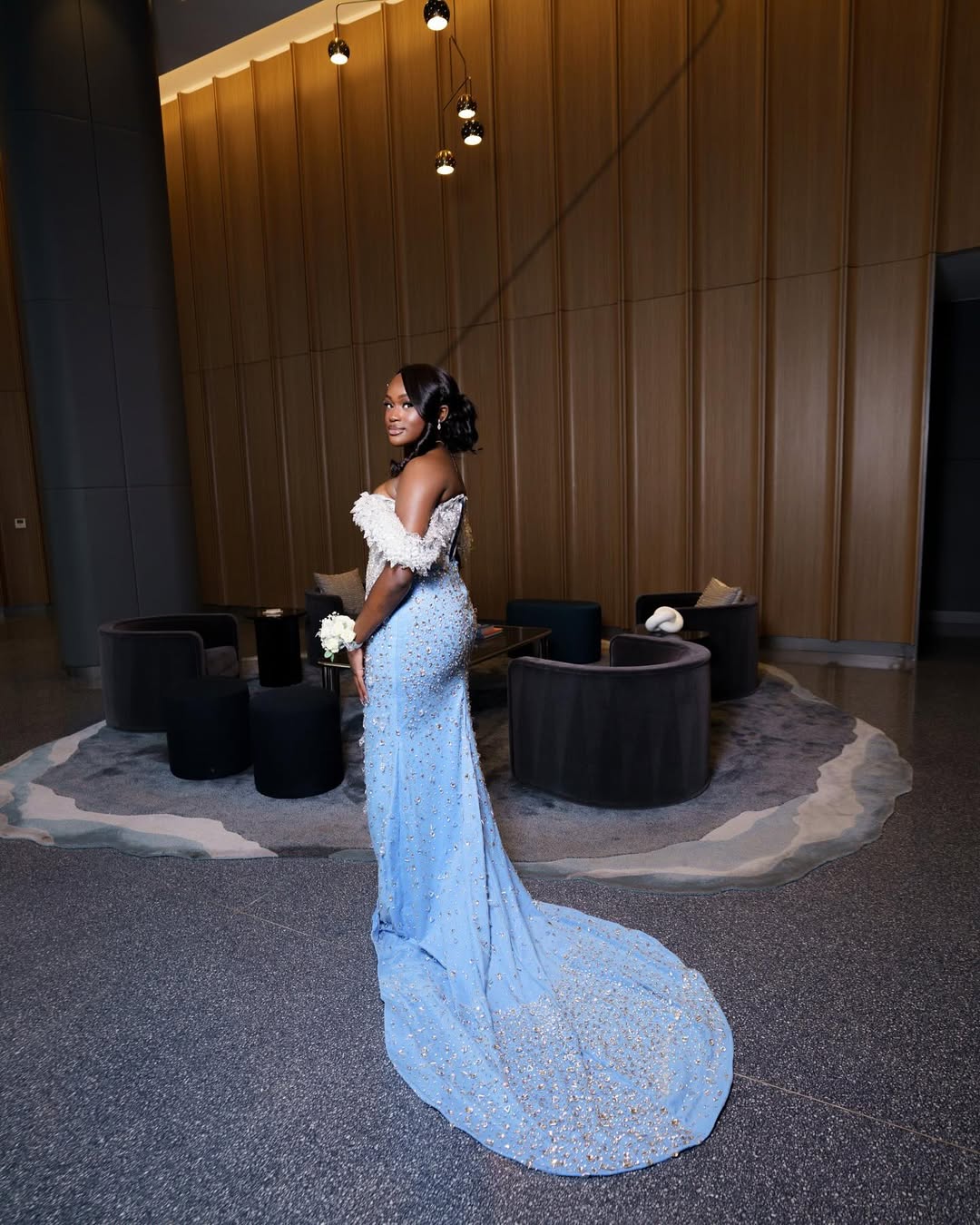 Classic Sky Blue White Off-The-Shoulder Mermaid Prom Dresses Sheath Long With Gem - Image 2