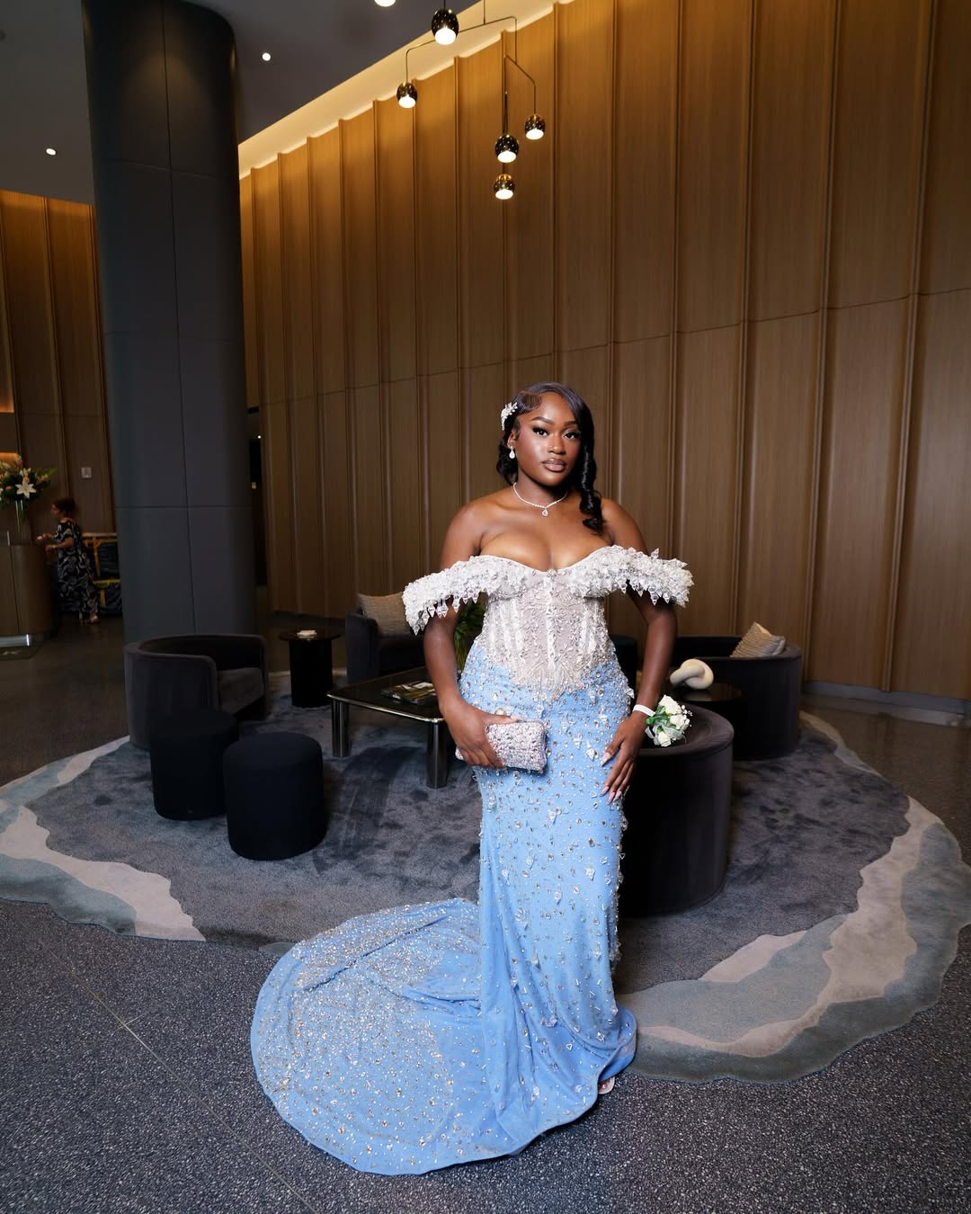 Classic Sky Blue White Off-The-Shoulder Mermaid Prom Dresses Sheath Long With Gem - Image 3