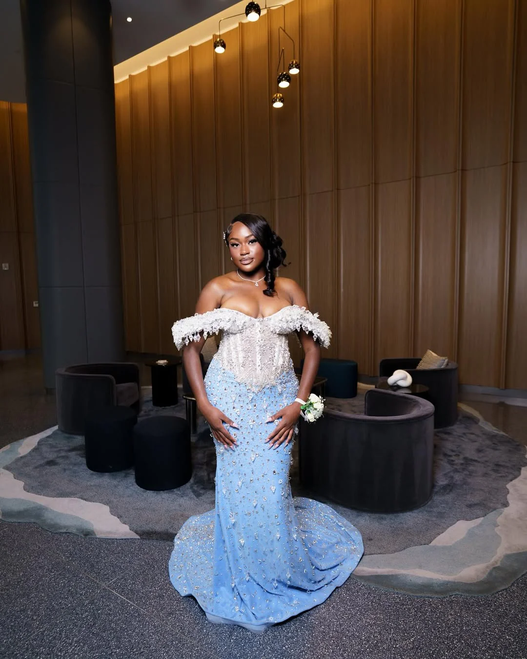 Classic Sky Blue White Off-The-Shoulder Mermaid Prom Dresses Sheath Long With Gem - Image 4