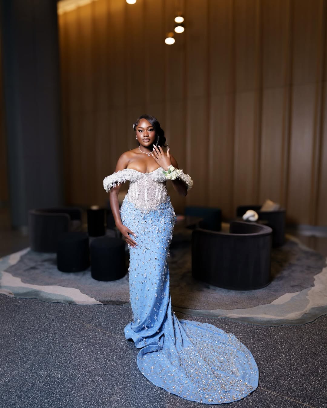 Classic Sky Blue White Off-The-Shoulder Mermaid Prom Dresses Sheath Long With Gem - Image 5
