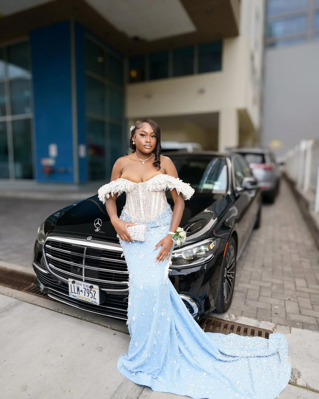 Classic Sky Blue White Off-The-Shoulder Mermaid Prom Dresses Sheath Long With Gem - Image 8