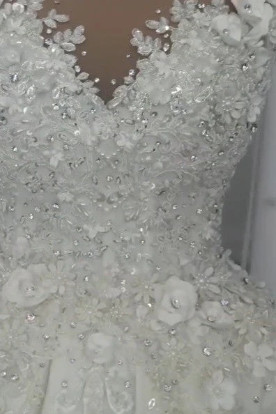 Classic Sleeveless Crystal Wedding Dresses Sheer Tulle Flowers Bridal Gowns with sparkle Beading - Image 3