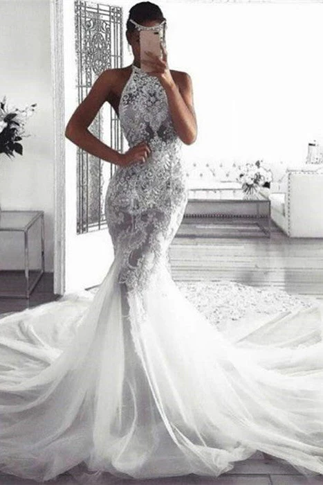Classic Sleeveless Halter Wedding Dresses Modern Mermaid Tulle Bridal Dresses - Image 2
