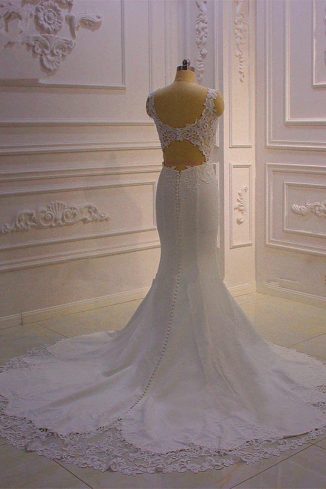 Classic Sleeveless Lace V neck Column White Court Train Wedding Dress - Image 2