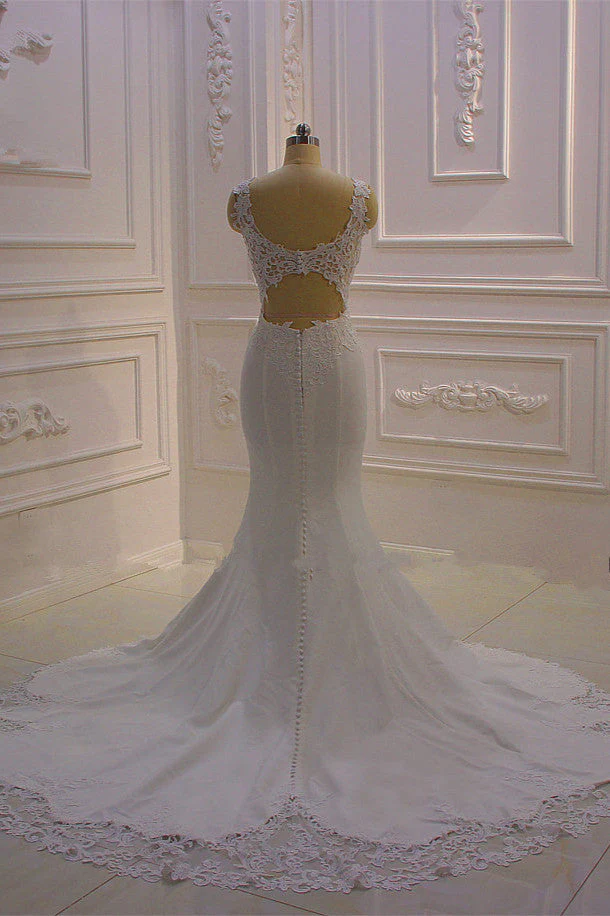 Classic Sleeveless Lace V neck Column White Court Train Wedding Dress - Image 3