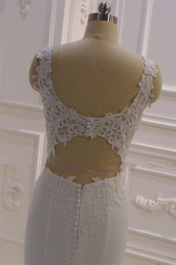Classic Sleeveless Lace V neck Column White Court Train Wedding Dress - Image 4