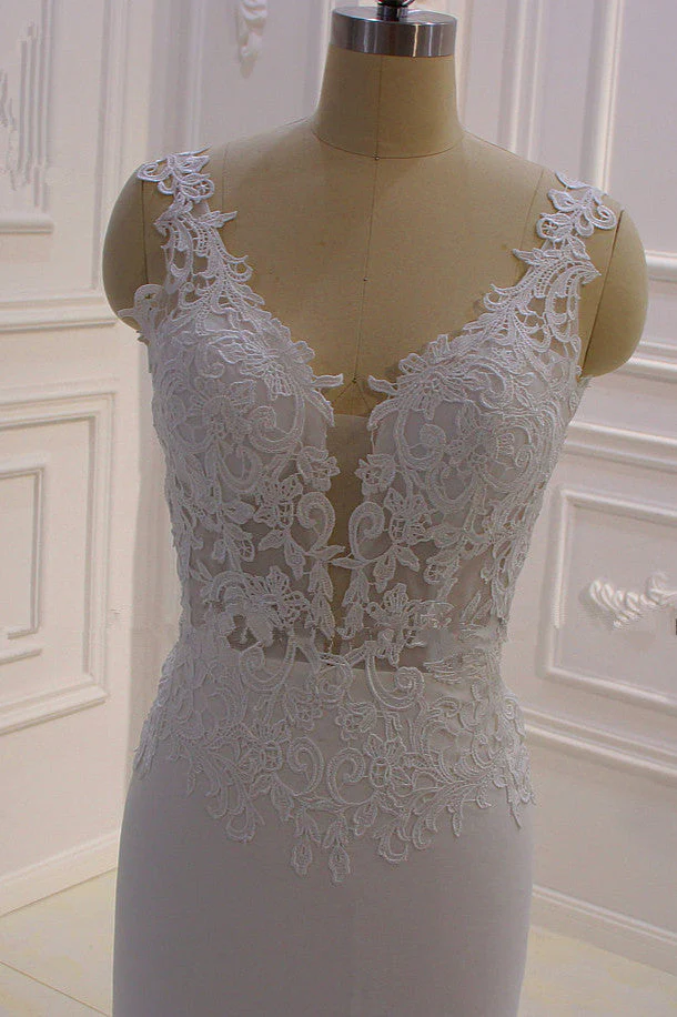 Classic Sleeveless Lace V neck Column White Court Train Wedding Dress - Image 5