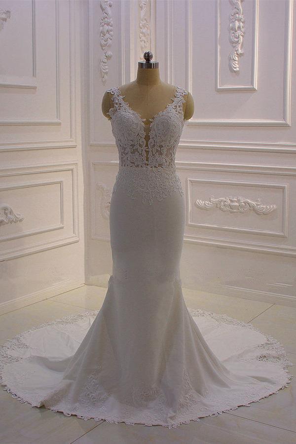 Classic Sleeveless Lace V neck Column White Court Train Wedding Dress - Image 6