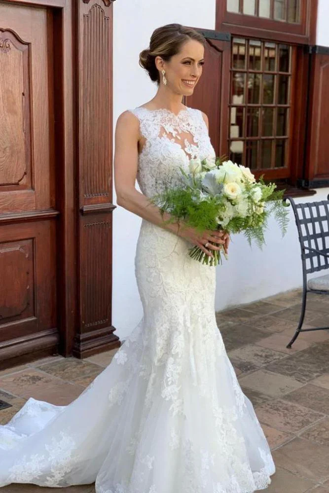 Classic Sleeveless Strap Lace Appliques Mermaid Bridal Wedding Dresses - Image 2
