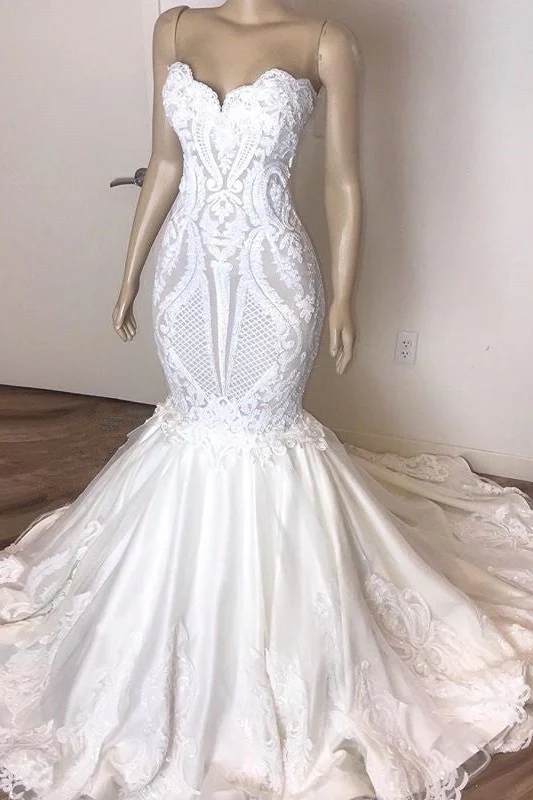 Classic Sleeveless Sweetheart Lace Appliques Mermaid Slim Bridal Wedding Dress - Image 3
