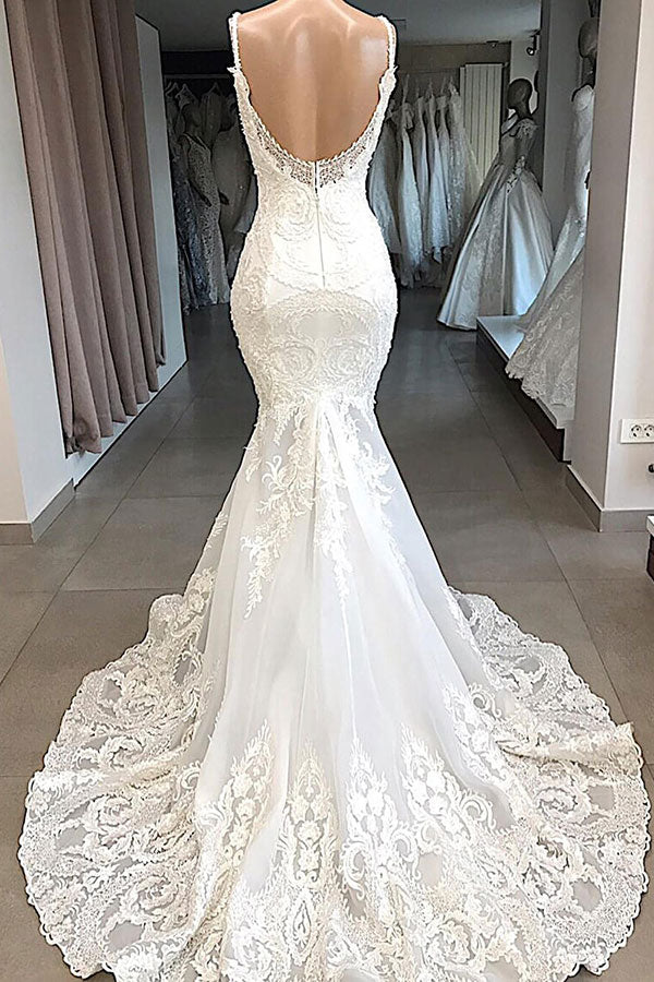 Classic Spaghetti Strap V neck White Sleeveless Mermaid Open Back Wedding Dress with Chapel Train - Image 2
