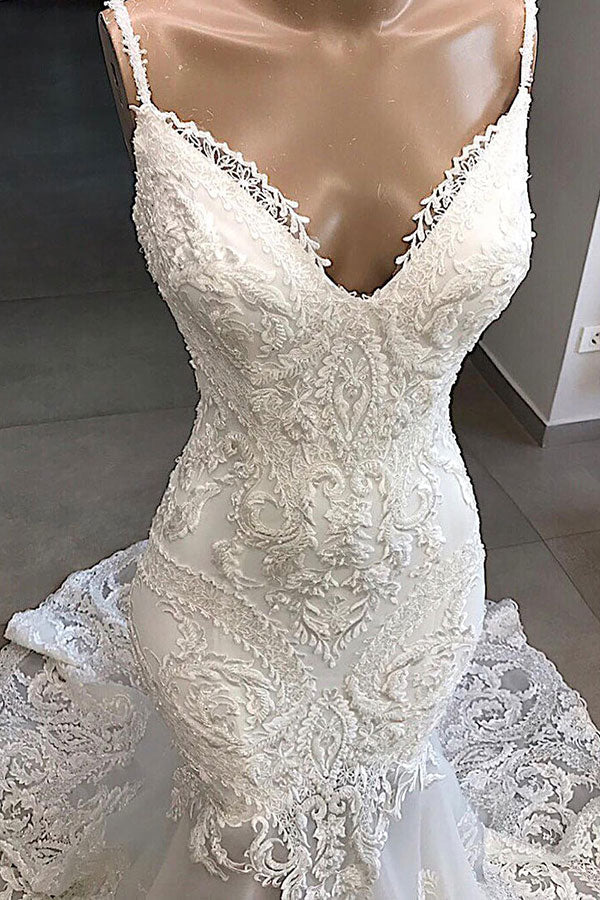 Classic Spaghetti Strap V neck White Sleeveless Mermaid Open Back Wedding Dress with Chapel Train - Image 3
