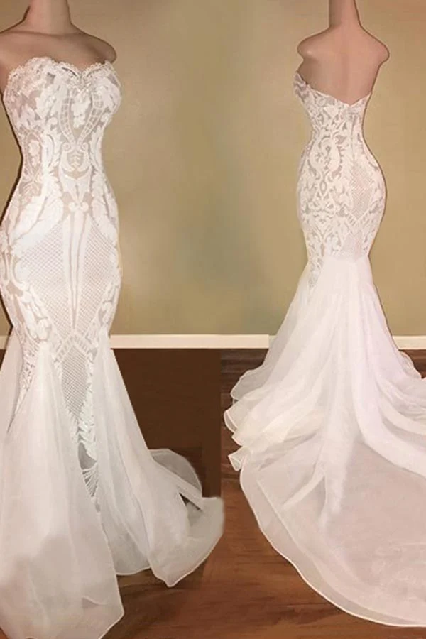 Classic Sparkle Mermaid White Wedding Dress Sweetheart Bridal Gowns with Chapel Train - Image 2