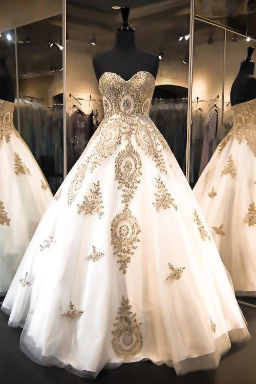 Classic Sweetheart Gold Lace Wedding Dresses Sparkly Ball Gown Bridal Dress - Image 2