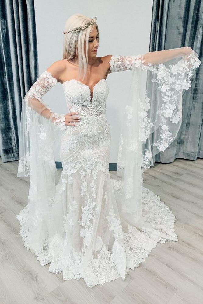 Classic Sweetheart White Lace Wedding Dresses with Church Train - Image 2