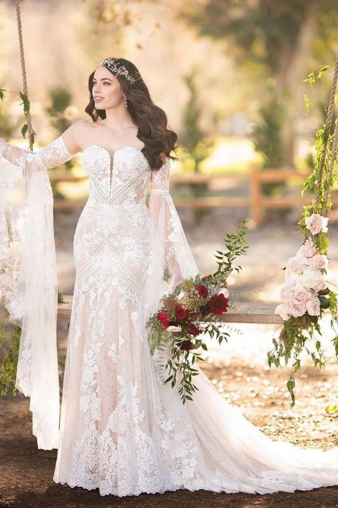 Classic Sweetheart White Lace Wedding Dresses with Church Train - Image 3