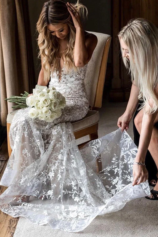 Classic V Neck Spaghetti Straps Mermaid Wedding Gown Floral Lace Dress for Bride - Image 5
