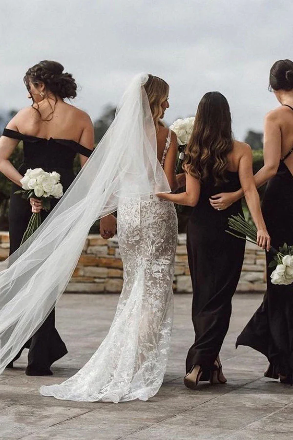 Classic V Neck Spaghetti Straps Mermaid Wedding Gown Floral Lace Dress for Bride - Image 6