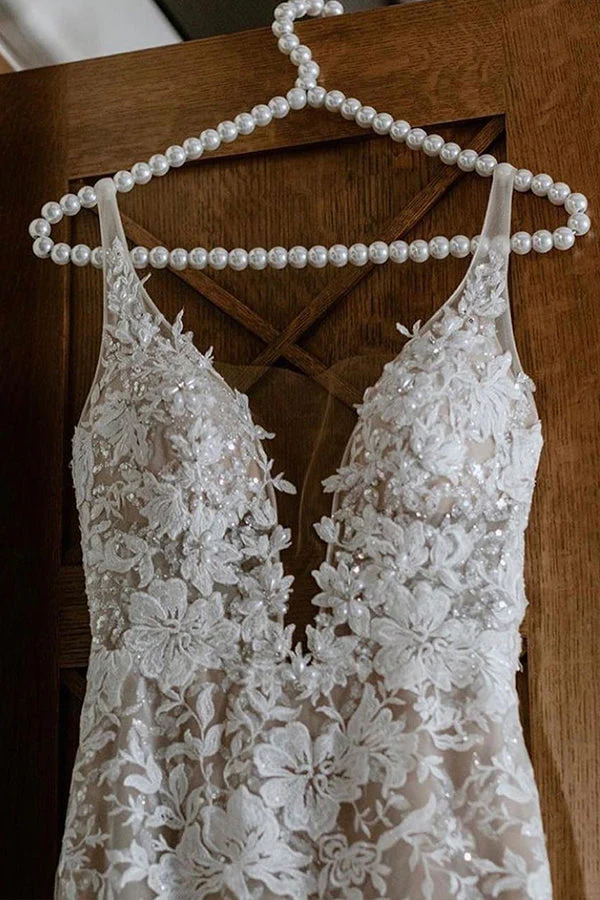 Classic V Neck Spaghetti Straps Mermaid Wedding Gown Floral Lace Dress for Bride - Image 7