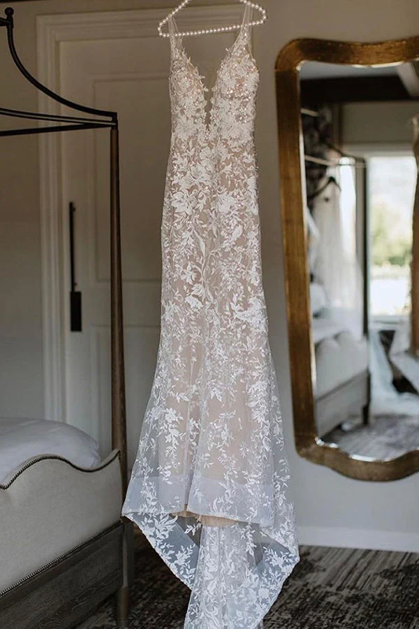 Classic V Neck Spaghetti Straps Mermaid Wedding Gown Floral Lace Dress for Bride - Image 8