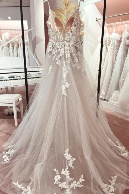 Classy V-Neck Spaghetti-Straps Sleeveless Long Lace Wedding Dresses Online - Image 2
