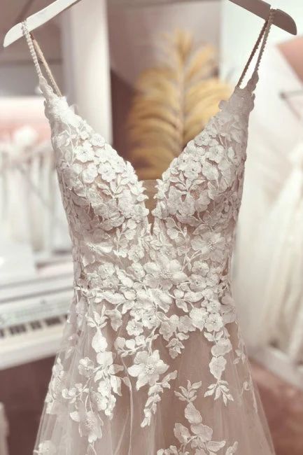 Classy V-Neck Spaghetti-Straps Sleeveless Long Lace Wedding Dresses Online - Image 3
