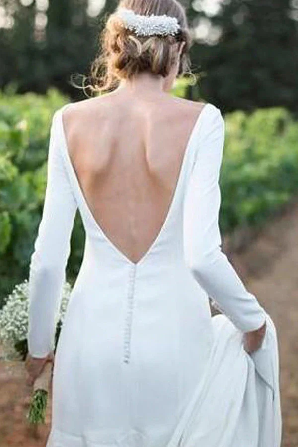 Classic White Bateau Long Sleevess Simple Wedding Dress - Image 2