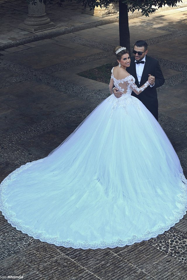 Classic White Lace Ball Gown Wedding Dress Popular Sweep Train Long Sleeves Bridal Gown - Image 3