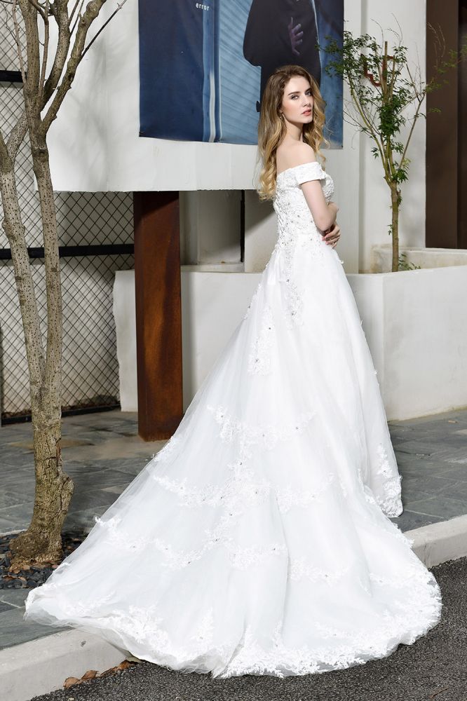 Classic White Lace Off the ShoulderLong Princess Wedding Dress with Beaded Lace Appliques - Image 2