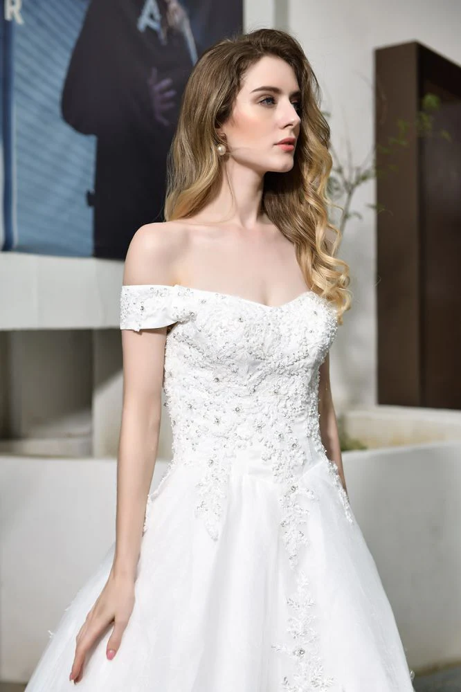 Classic White Lace Off the ShoulderLong Princess Wedding Dress with Beaded Lace Appliques - Image 3