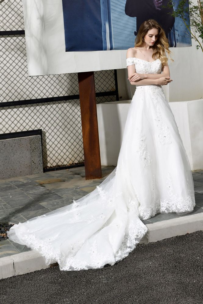 Classic White Lace Off the ShoulderLong Princess Wedding Dress with Beaded Lace Appliques - Image 4