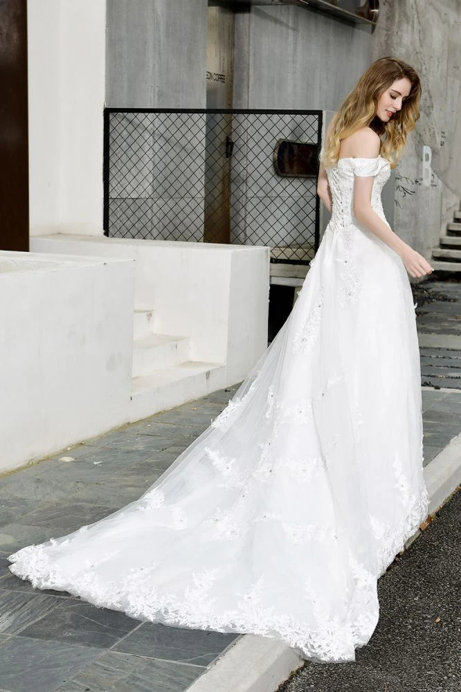 Classic White Lace Off the ShoulderLong Princess Wedding Dress with Beaded Lace Appliques - Image 5