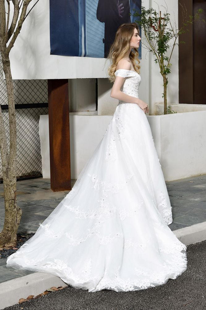Classic White Lace Off the ShoulderLong Princess Wedding Dress with Beaded Lace Appliques - Image 6