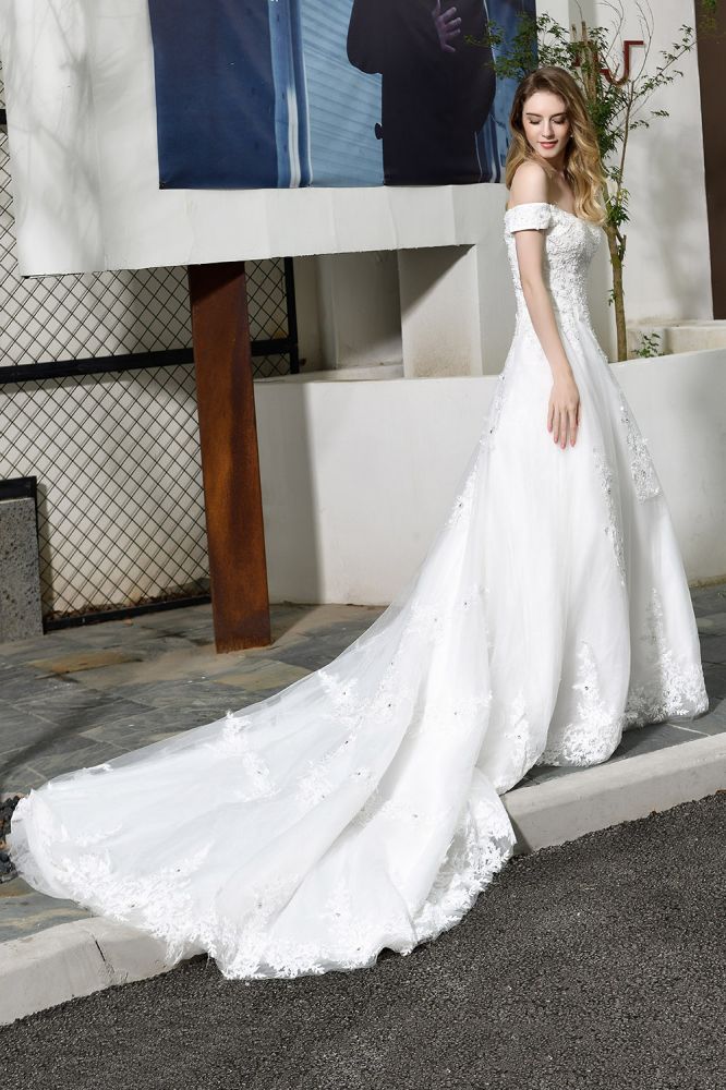 Classic White Lace Off the ShoulderLong Princess Wedding Dress with Beaded Lace Appliques - Image 7