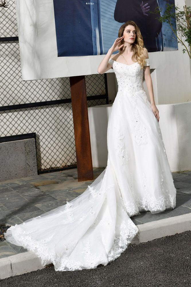 Classic White Lace Off the ShoulderLong Princess Wedding Dress with Beaded Lace Appliques - Image 8