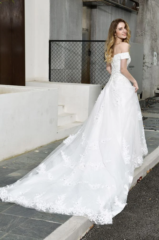 Classic White Lace Off the ShoulderLong Princess Wedding Dress with Beaded Lace Appliques - Image 9