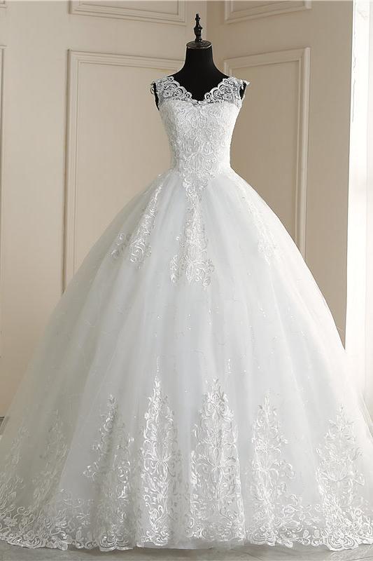 Classic White V neck Sleeveless Ball Gown Lace Wedding Dress - Image 7