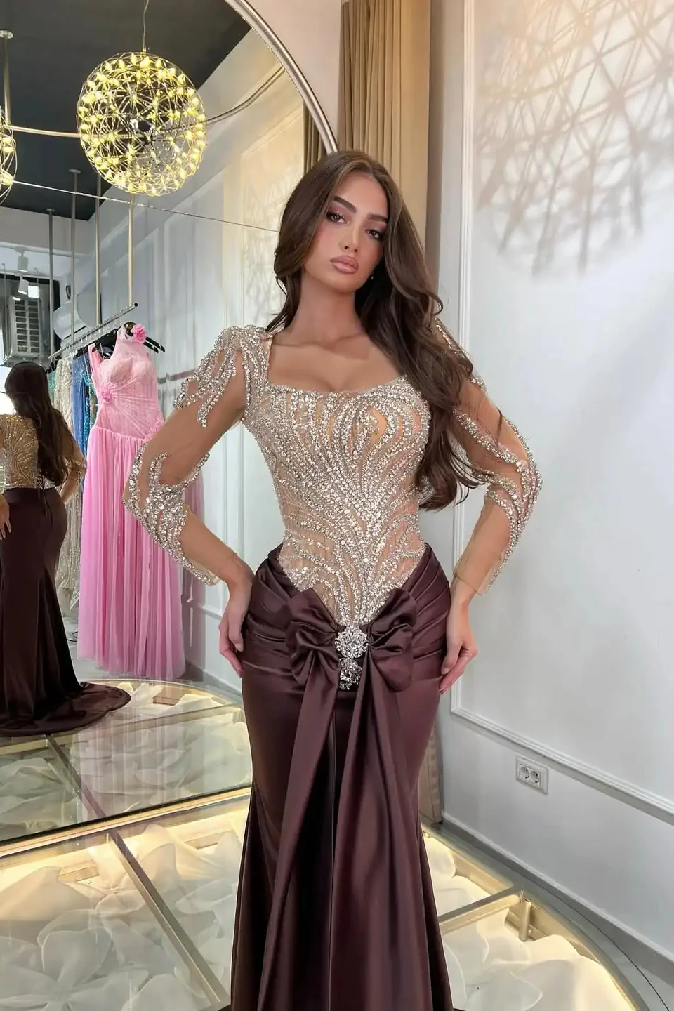 Classy Brown Square Long Sleeves Mermaid Prom Dresses Sheath Gem Long With Pleats - Image 2