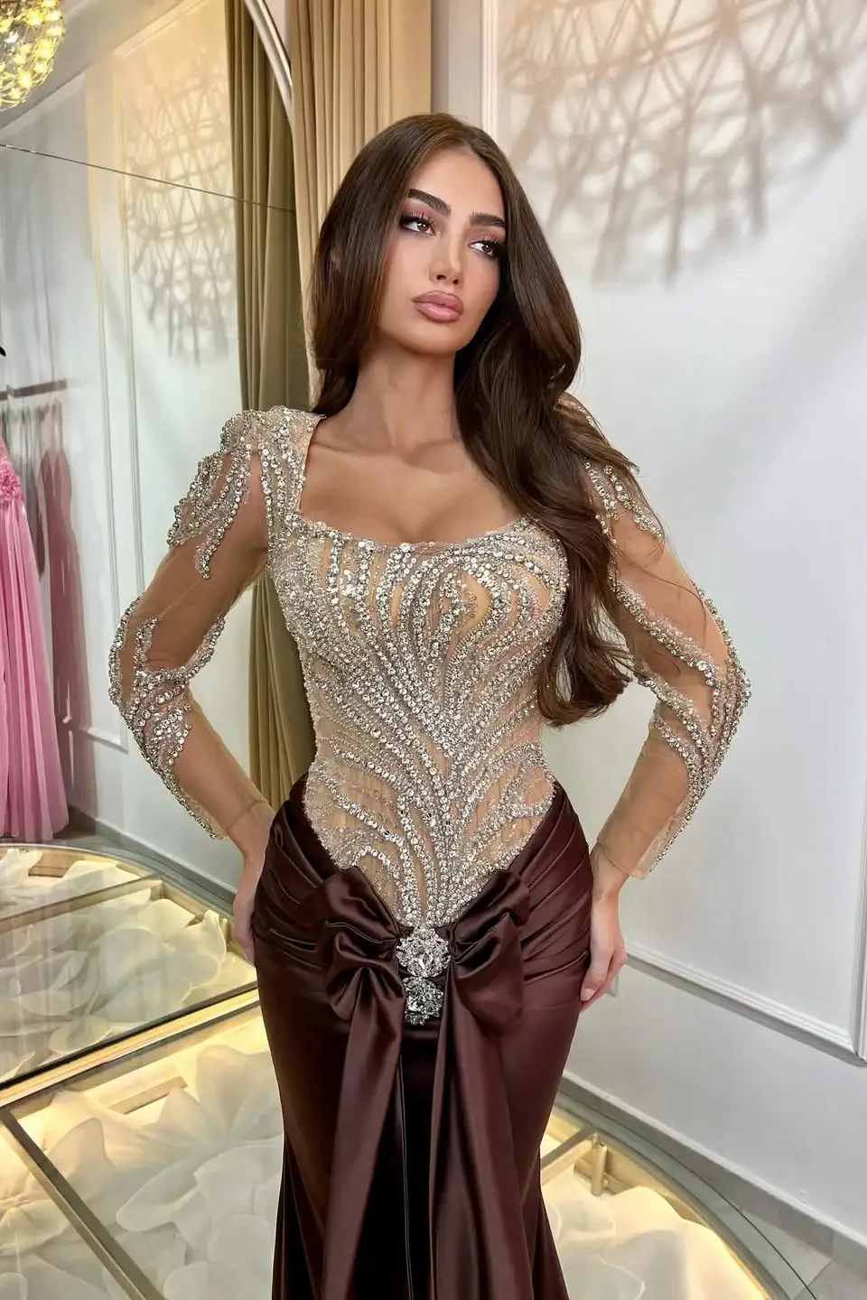 Classy Brown Square Long Sleeves Mermaid Prom Dresses Sheath Gem Long With Pleats - Image 3