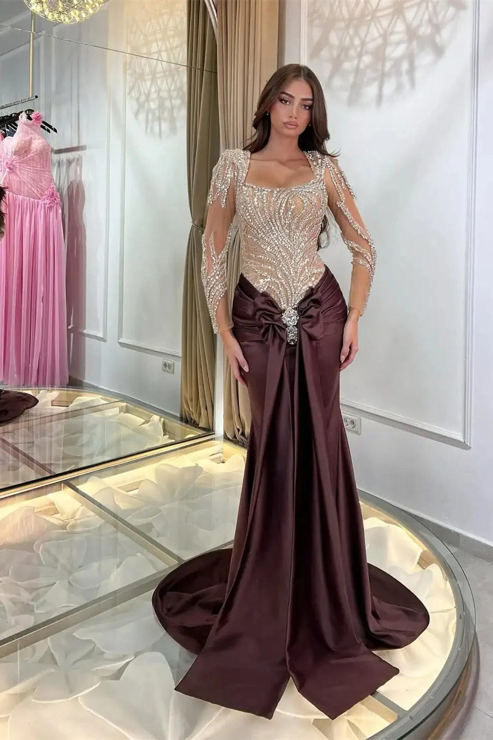 Classy Brown Square Long Sleeves Mermaid Prom Dresses Sheath Gem Long With Pleats - Image 4