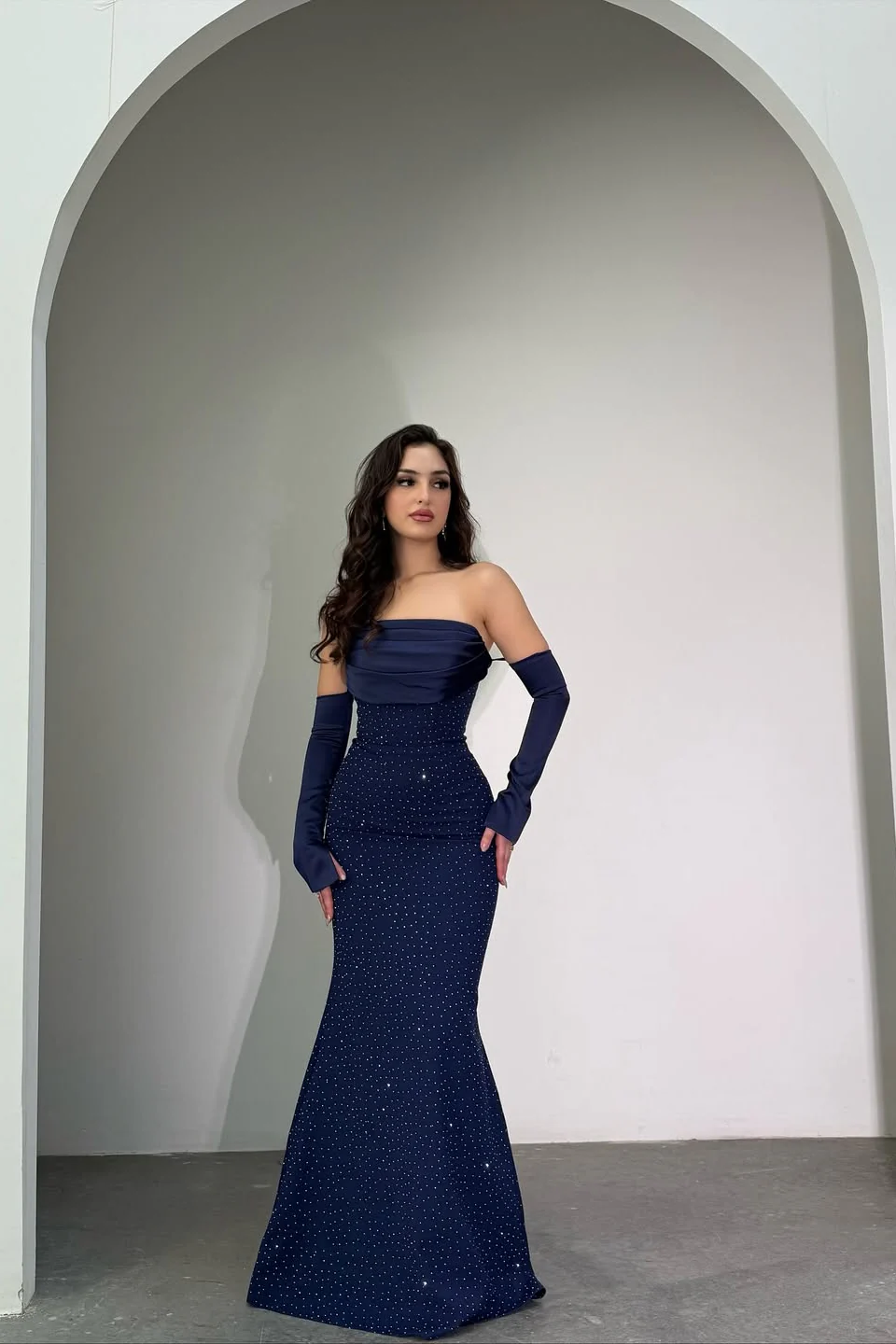 Classy Dark Navy Strapless Mermaid Prom Dress Detachable Sleeves With Beads Zipper - Image 3