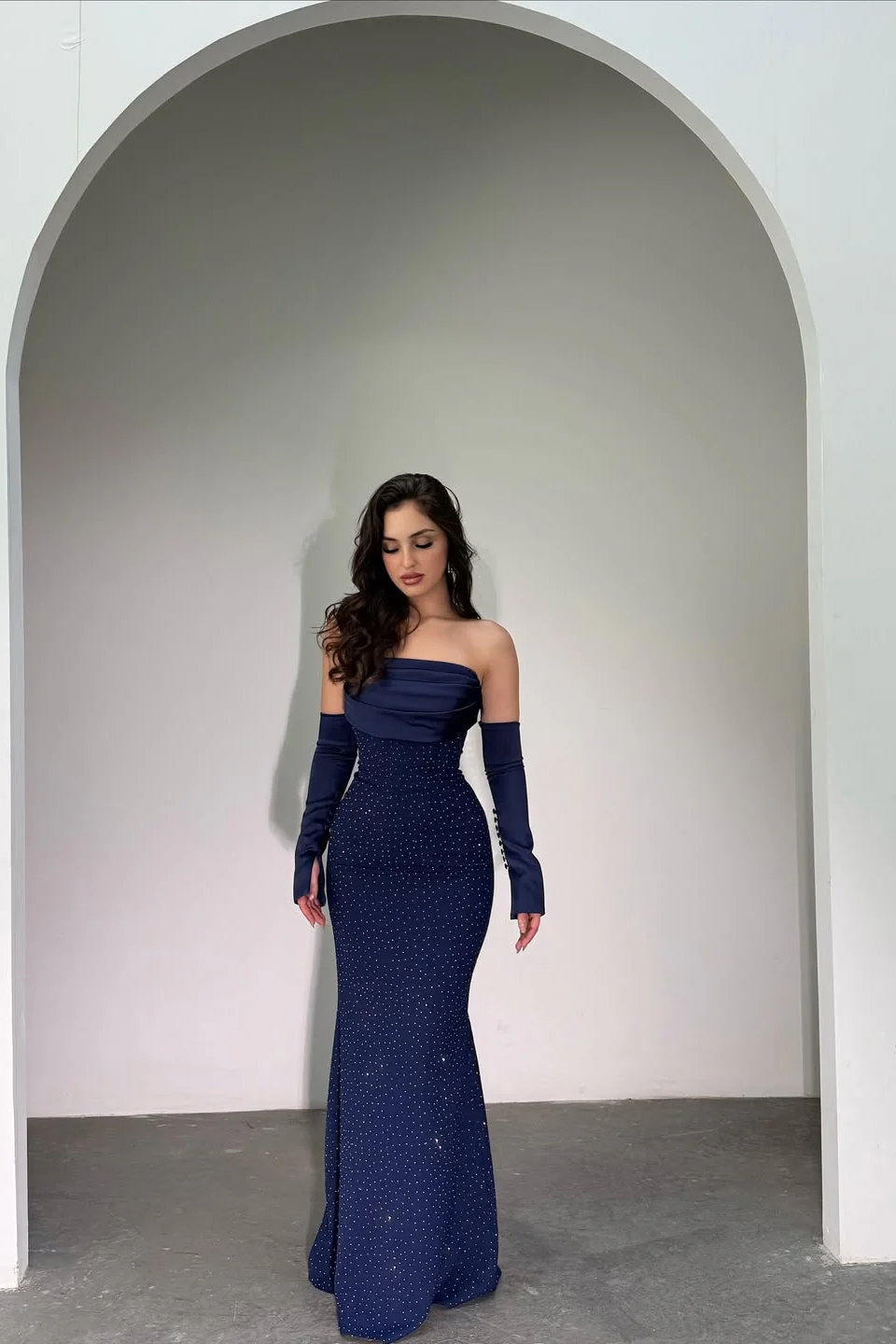 Classy Dark Navy Strapless Mermaid Prom Dress Detachable Sleeves With Beads Zipper - Image 4