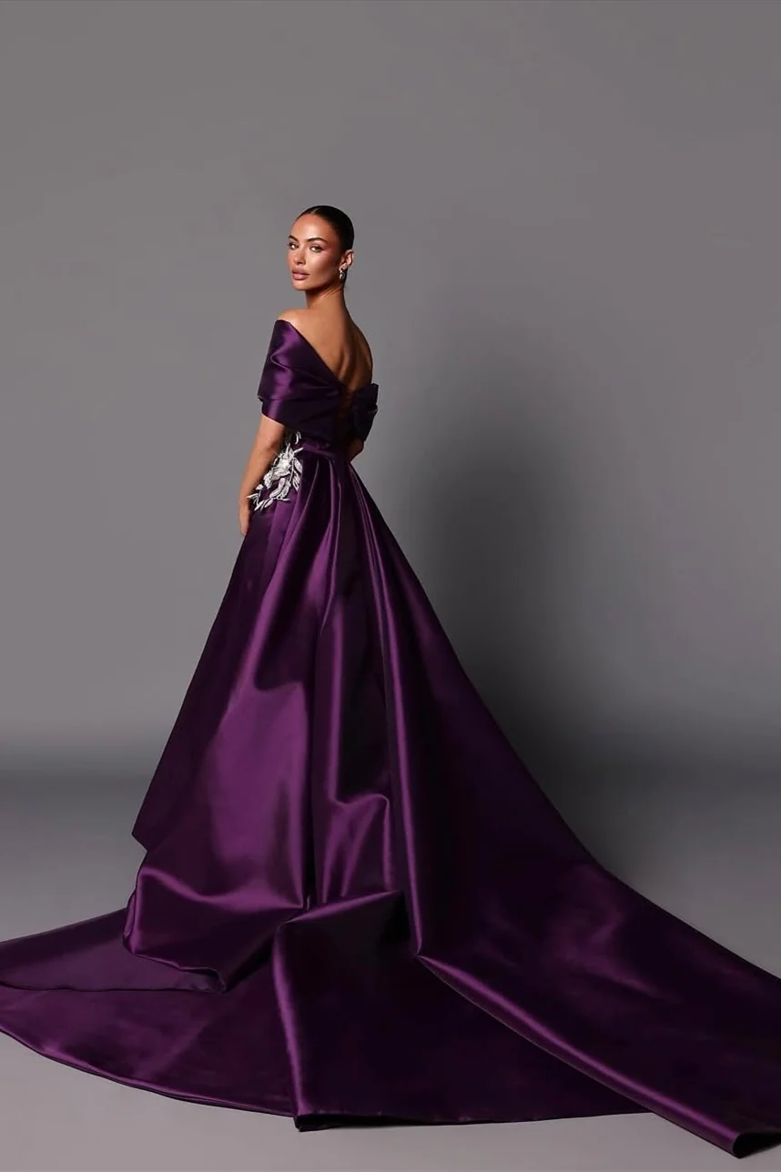 Classy Grape Off-The-Shoulder Satin Mermaid Prom Dress Detachable Skirt With Side Split - Image 2